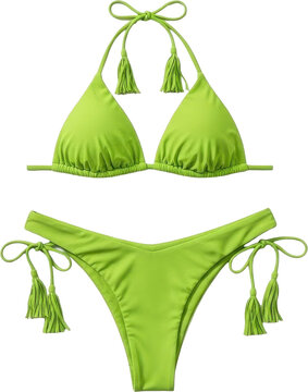 Lime green bikini with tassels and bow on white background