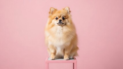 Obraz premium Cute Pomeranian dog on pink background.