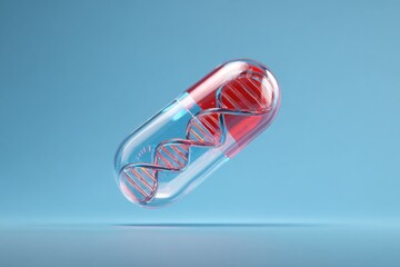 Transparent capsule containing a red DNA helix on a blue background