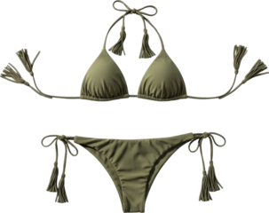 Olive green bikini set with tassels and bows on white background