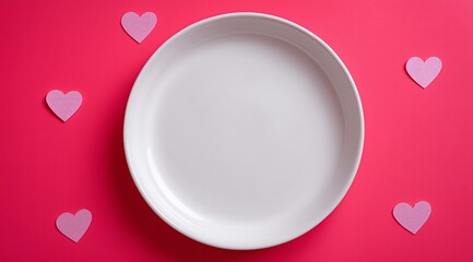 White plate surrounded by small pink hearts on a vibrant red background, top view