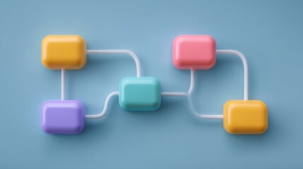 Colorful geometric shapes connected by white lines on a soft blue background representing modern digital concepts and abstract design aesthetics