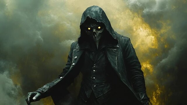 Mysterious figure in hooded cloak amidst dark clouds
