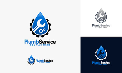 Plumbing service logo design with water drop wrench and gear elements.