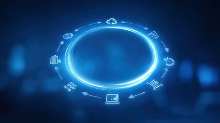 Circular ecosystem graphic showcasing recycling process, sustainability, and growth indicators in a modern blue digital style with glowing effects