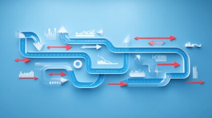 Abstract visual representation of a winding river flow with arrows and graphs illustrating data analysis, navigation, and trend movements in blue background