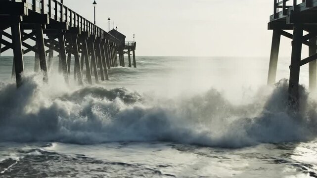 Waves crash forcefully under a long wooden pier, creating misty spray and foam at sunset