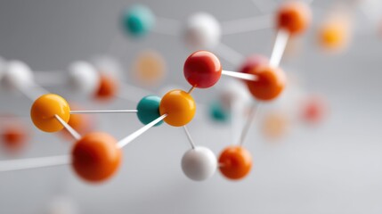 Abstract depiction of molecular structure showcasing vibrant colorful atoms connected by bonds, emphasizing scientific concepts in chemistry and biology