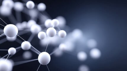 Abstract 3D molecular structure representation illustrating connections, spheres, and network formations in a blurred background with a modern design aesthetic