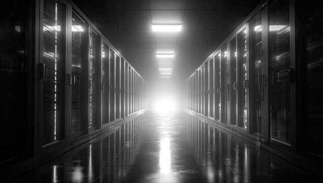 Dimly lit, long server room with rows of cabinets receding into bright light