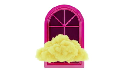 Pink arched window with a yellow cloud