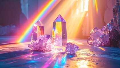 Crystals catching rainbow light, a magical and spiritual scene.
