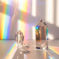 Crystals casting rainbows in a sunlit room, a magical display.