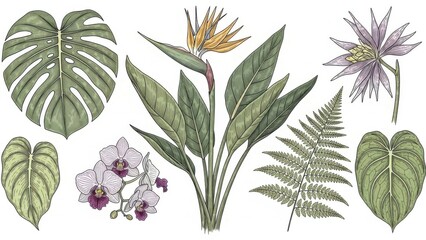 Obraz premium Tropical Leaves and Flowers Botanical Illustration.