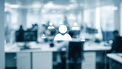 Abstract digital connection icons over a blurred office environment