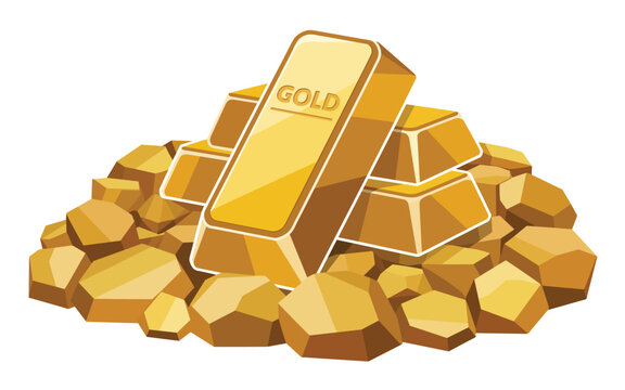 A pile of gold bars and nuggets stacked haphazardly on a surface viewed from a slightly elevated angle