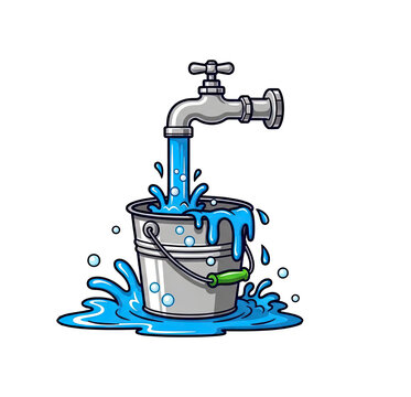 Metal bucket overflowing with water from a pouring faucet, creating puddles