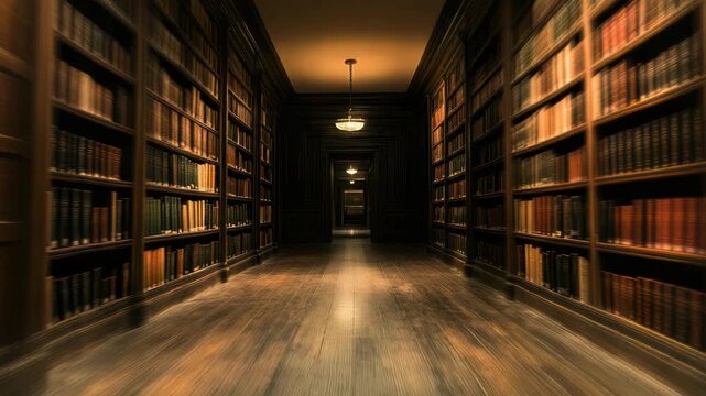 A long library hallway with rows of bookshelves and warm lighting. Books line the walls, fading into the distance