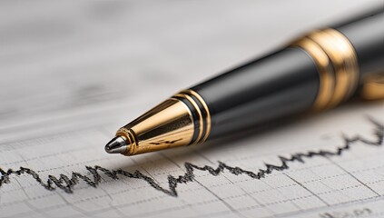 A close-up of a sleek pen resting on a financial graph with a steady line