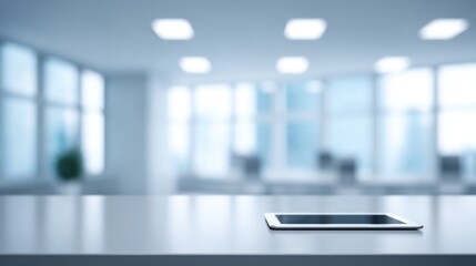 Modern office environment with a tablet on a sleek desk, showcasing a bright atmosphere and contemporary design for business and technology themes.
