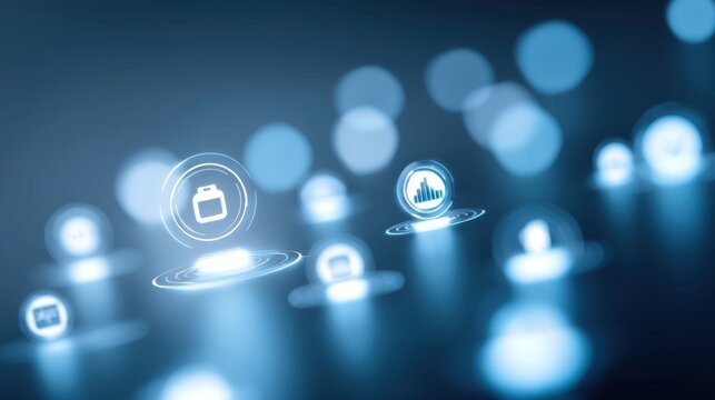 Futuristic blue digital interface with glowing icons representing various business and data concepts in a technology-driven environment - Powered by Adobe