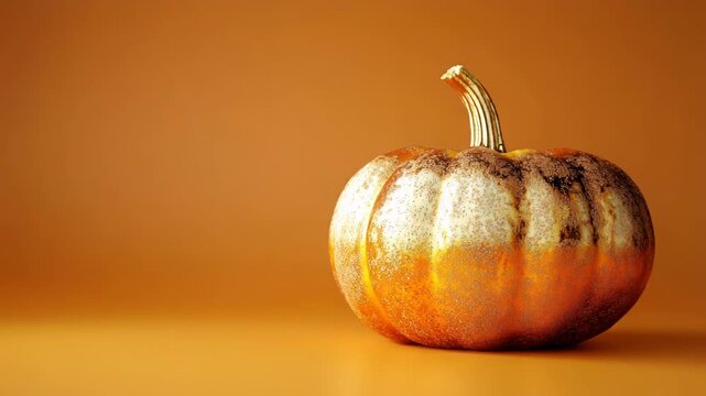 A single, stylized pumpkin with a golden stem is featured against a gradient orange backdrop
