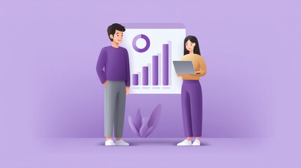 Diverse business professionals analyzing data together with modern technology in a vibrant workspace with growth chart on purple background