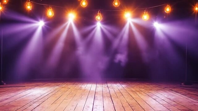 Illuminated stage with wooden floor and dramatic lighting effects.