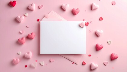 Blank card and envelope with scattered hearts on a pink background for love