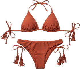 Orange bikini with tassels and bow details on white background