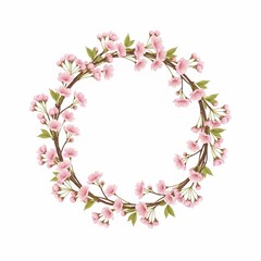 Obraz premium Beautiful floral wreath with pink blossoms and green leaves on white background.