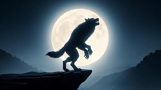 Silhouette of a werewolf standing on a cliff under a full moon