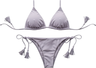 Light gray bikini with tassels and adjustable straps on white background