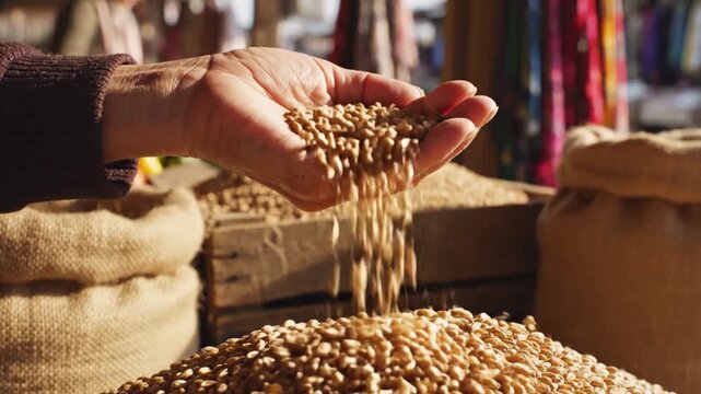 Close-up of a hand pouring grains, a symbol of abundance and harvest.