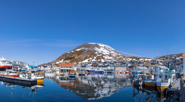 Honningsvag bay, island of Mageroya in Finmark county, Norway. Famous cruise and tourist destination near North Cape.