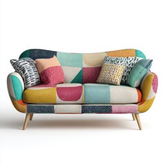 sofa with geometric shape cushions on blurred background