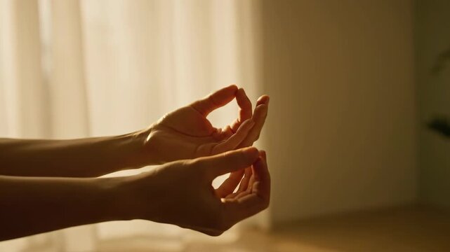 Close up of female hands transitioning into a yoga mudra for meditation and mindfulness.