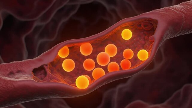 3d illustration of islets of langerhans cells flowing through a blood vessel with a dark background.