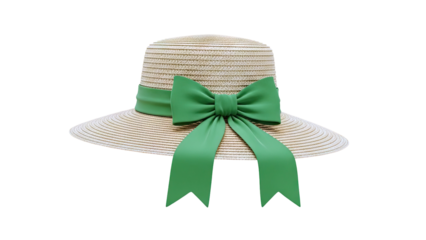 Straw sun hat with green ribbon bow