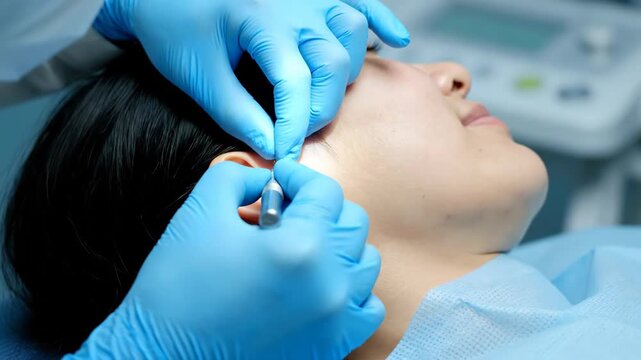 Surgeon performing a delicate otoplasty or ear correction surgery on a patient.