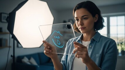 Woman holding a transparent tablet with a blue cloud icon.