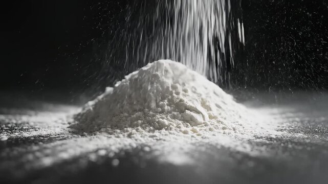 White Powder Falling and Accumulating on a Dark Surface With Backlight