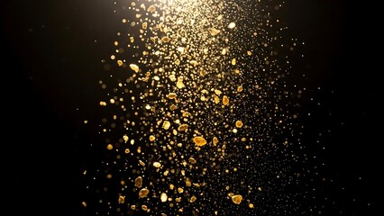 Fototapeta premium Golden particles falling down in darkness.