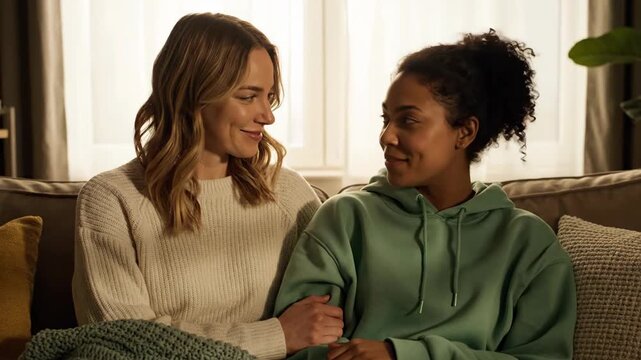 Supportive Caucasian Mother Comforting Her Sad African American Teenage Daughter on the Couch.