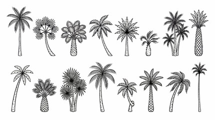 Palm Tree Vector Icon Set &ndash; 16 Black-and-White Tropical Silhouettes with Unique Trunks and Leaf Shapes for Botanical, Landscape, and Design Use