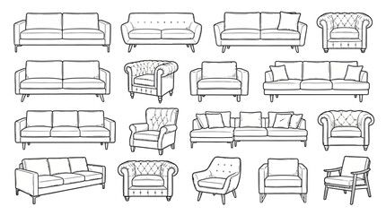 Sofa & Armchair Vector Set &ndash; 16 Black-and-White Furniture Icons Featuring Diverse Upholstery Styles for Interior Design, Decor Planning, and Illustration Use