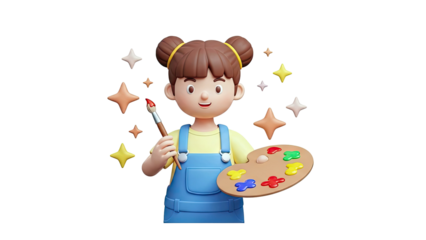 3D Cartoon Girl Painting with Colorful Palette and Brush