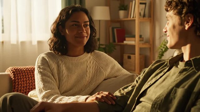 Affectionate young couple having a warm and intimate conversation at home.