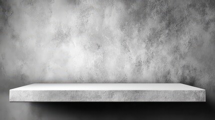White Empty Product Display Shelf On Grunge Grey Textured Background With Natural Shadow For Product Placement Mockup Or Advertising