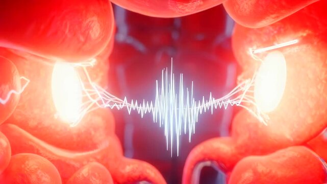 Glowing kidneys with pulsing neural waveform, urologist monitors renal nerve signals during diagnostic scan in hightech clinic vivid red anatomy, electric pulses, closeup D visualization